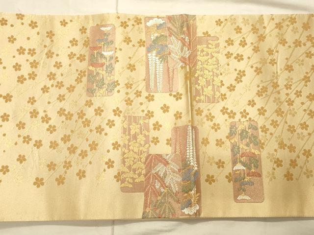 平和屋着物◎太鼓柄袋帯 短冊花鳥文 金糸 正絹 逸品 CAAT0281ft