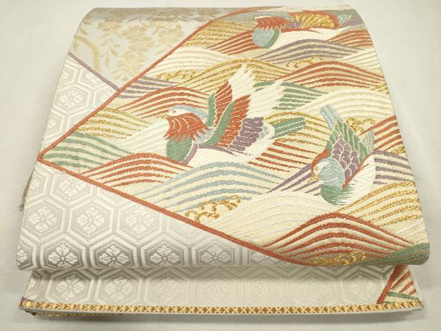 平和屋着物◎六通柄袋帯 唐織錦 波紋おしどり文 金糸 正絹 逸品 CAAT0412dy