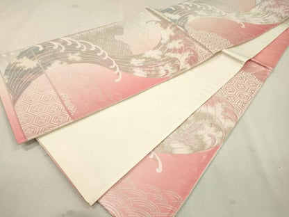 平和屋着物◎六通柄袋帯　立波文　銀糸　関西仕立て　正絹　逸品　CAAT0413dy