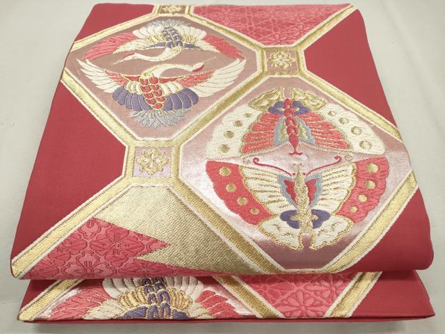 平和屋着物◎六通柄袋帯 唐織 双鶴 花蝶文 金糸 正絹 逸品 CAAT0428dy