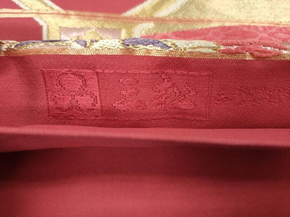 平和屋着物◎六通柄袋帯 唐織 双鶴 花蝶文 金糸 正絹 逸品 CAAT0428dy