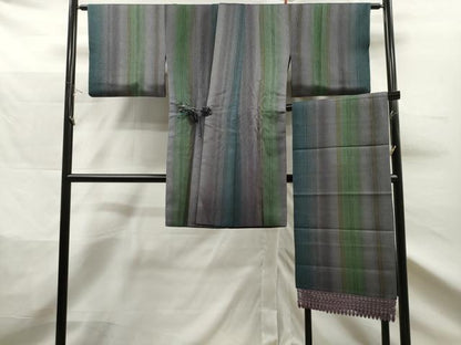 平和屋着物＃道中着 リバーシブル 霞文 暈し染め ショール付き ロング丈 正絹 逸品 CAAT0467dy