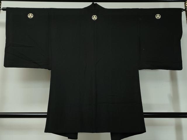 平和屋着物∞男性　黒紋付　羽織　羽裏：松葉色　正絹　逸品　CAAT0481dy