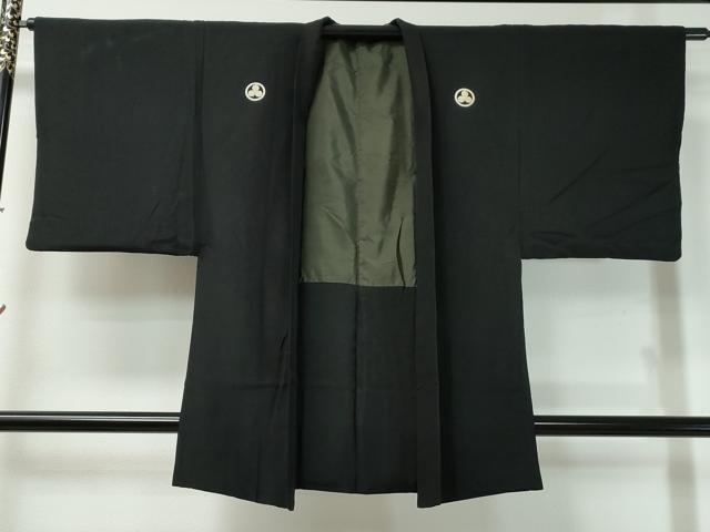 平和屋着物∞男性　黒紋付　羽織　羽裏：松葉色　正絹　逸品　CAAT0481dy