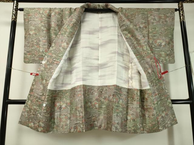 平和屋着物＃道中着 お召地 草花文 銀糸 鈴乃屋扱い ロング丈 正絹 逸品 未使用 CAAT0484dy