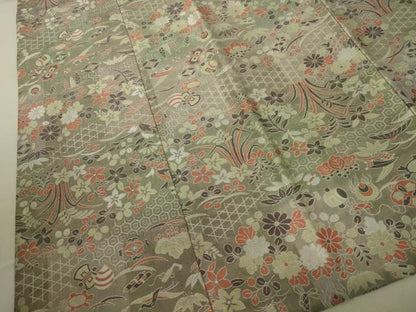 平和屋着物＃道中着 お召地 草花文 銀糸 鈴乃屋扱い ロング丈 正絹 逸品 未使用 CAAT0484dy