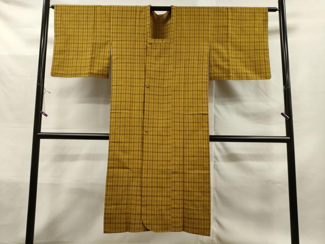 平和屋着物＃本場黄八丈　綾織　紬　単衣　道行コート　格子柄　正絹　逸品　CAAT0487dy