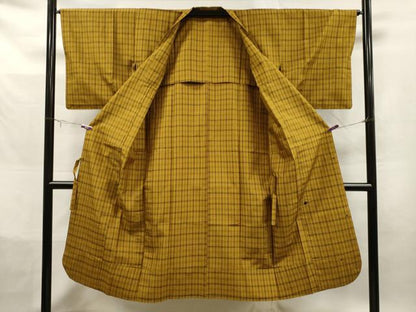 平和屋着物＃本場黄八丈　綾織　紬　単衣　道行コート　格子柄　正絹　逸品　CAAT0487dy