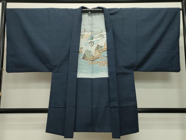 平和屋着物●男性 紬 アンサンブル 濃紺地 正絹 逸品 CAAT0563dy