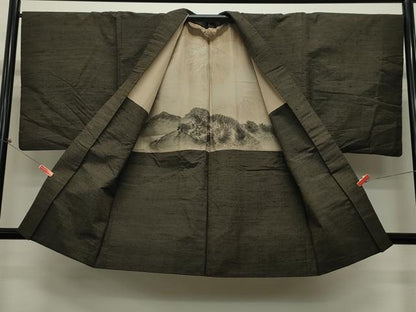 平和屋着物●男性 紬 アンサンブル 藍媚茶色 正絹 逸品 CAAT0564dy