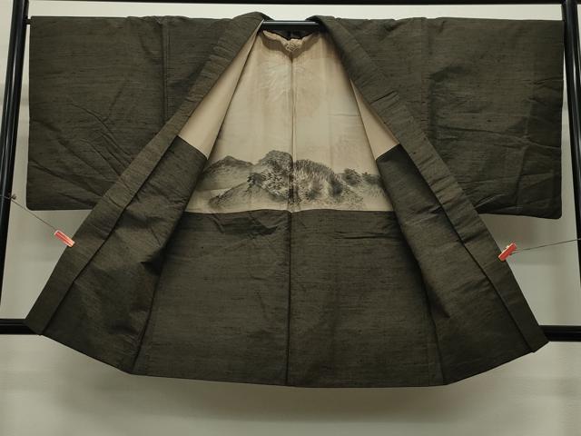 平和屋着物●男性 紬 アンサンブル 藍媚茶色 正絹 逸品 CAAT0564dy