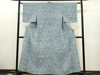 平和屋着物▽上質な小紋 単衣 藍 型染め 草花文 鬼しぼ縮緬 正絹 逸品 CAAT0737dy