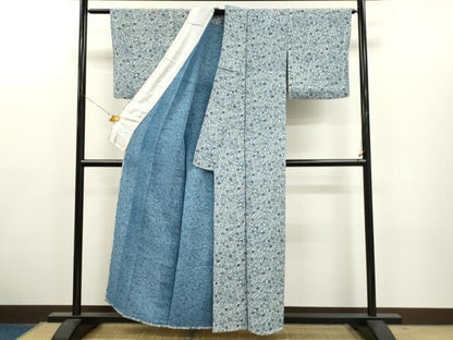 平和屋着物▽上質な小紋 単衣 藍 型染め 草花文 鬼しぼ縮緬 正絹 逸品 CAAT0737dy