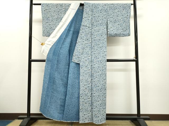 平和屋着物▽上質な小紋 単衣 藍 型染め 草花文 鬼しぼ縮緬 正絹 逸品 CAAT0737dy
