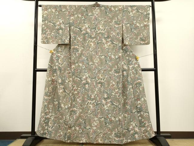 平和屋着物▽上質な小紋 単衣 絞り 更紗花文 金彩 正絹 逸品 CAAT0740dy