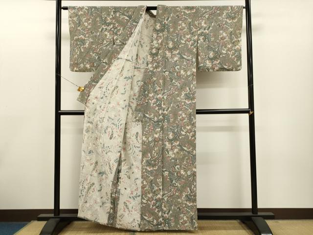 平和屋着物▽上質な小紋 単衣 絞り 更紗花文 金彩 正絹 逸品 CAAT0740dy