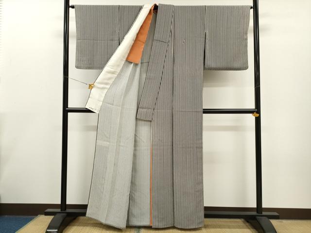 平和屋着物▽上質な小紋 単衣 縞 正絹 逸品 CAAT0741dy