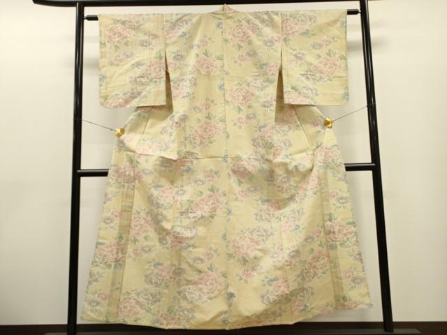 平和屋着物▽上質な紬　単衣　草花文　正絹　逸品　CAAT0746dy