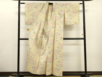 平和屋着物▽上質な紬　単衣　草花文　正絹　逸品　CAAT0746dy