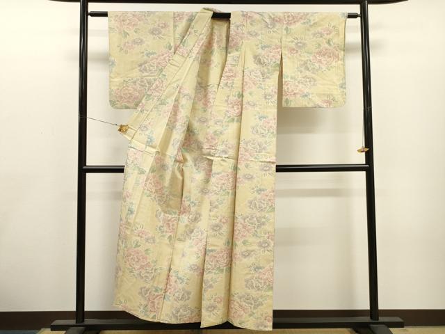 平和屋着物▽上質な紬　単衣　草花文　正絹　逸品　CAAT0746dy