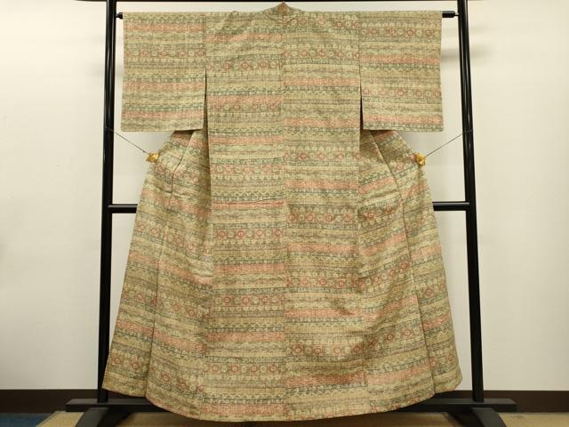 平和屋着物▽上質な紬 単衣 横段草花文 正絹 逸品 CAAT0750dy