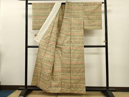 平和屋着物▽上質な紬 単衣 横段草花文 正絹 逸品 CAAT0750dy
