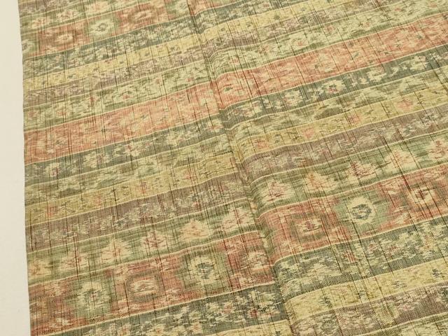 平和屋着物▽上質な紬 単衣 横段草花文 正絹 逸品 CAAT0750dy