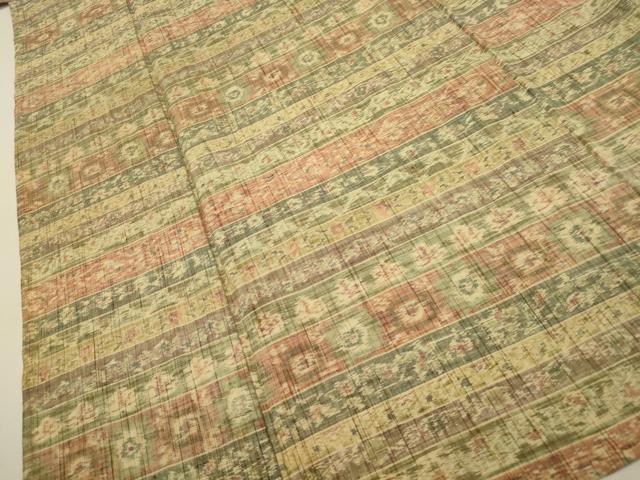 平和屋着物▽上質な紬 単衣 横段草花文 正絹 逸品 CAAT0750dy
