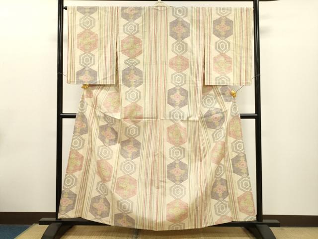 平和屋着物▽上質な紬　単衣　亀甲花間道　正絹　逸品　CAAT0751dy