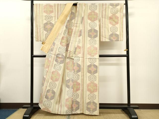 平和屋着物▽上質な紬　単衣　亀甲花間道　正絹　逸品　CAAT0751dy