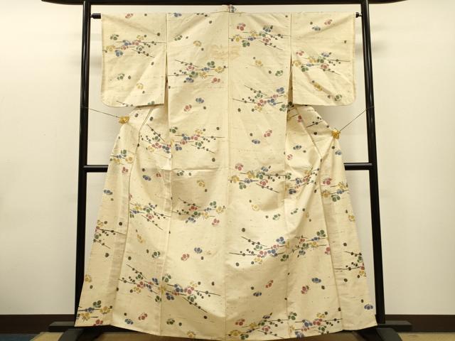 平和屋着物▽上質な紬　単衣　枝梅文　正絹　逸品　CAAT0752dy