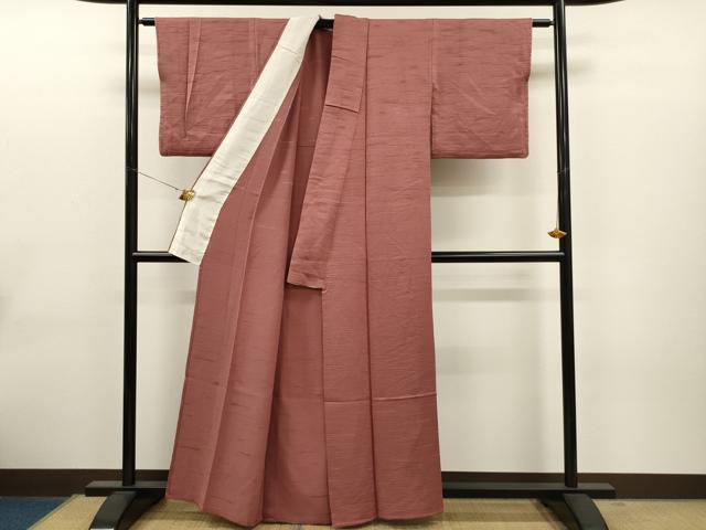 平和屋着物▽上質な色無地 単衣 横段地紋 甚三紅色 正絹 逸品 CAAT0753dy