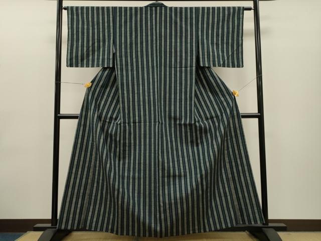 平和屋着物▽上質な紬 　単衣　縞 　正絹　逸品　未使用　CAAT0755dy