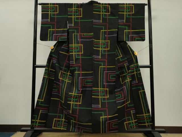 平和屋着物▽上質な紬 単衣 吉祥文 黒地 正絹 逸品 CAAT0761dy