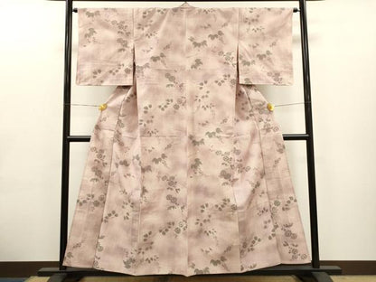 平和屋着物▽上質な小紋　単衣　紬地　手描き　草花文　正絹　逸品　CAAT0770dy