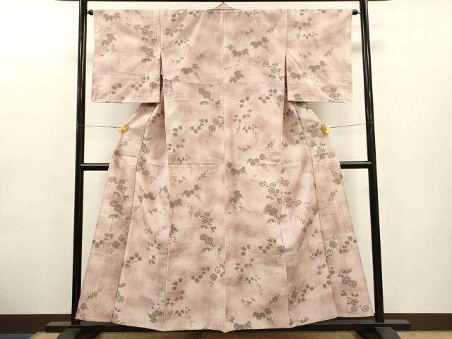 平和屋着物▽上質な小紋　単衣　紬地　手描き　草花文　正絹　逸品　CAAT0770dy