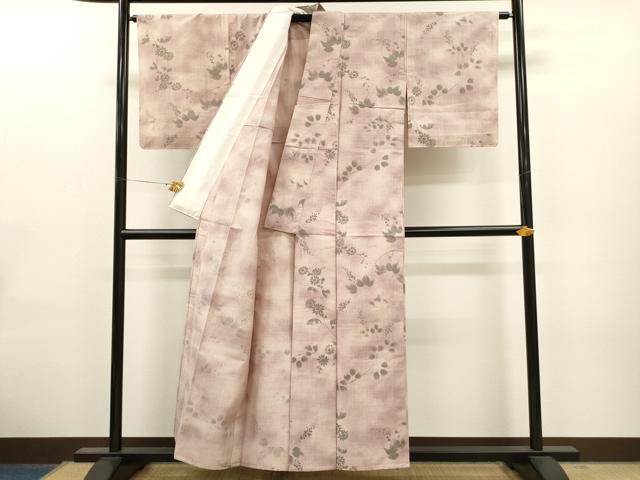 平和屋着物▽上質な小紋　単衣　紬地　手描き　草花文　正絹　逸品　CAAT0770dy