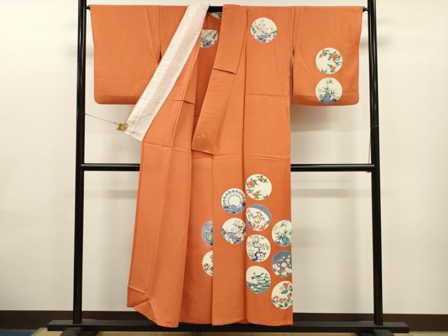 平和屋着物▽訪問着　単衣　草花丸文　正絹　逸品　CAAT0772dy