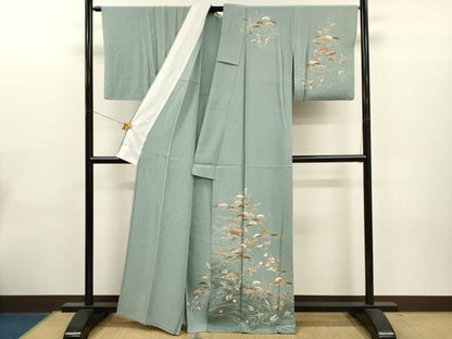 平和屋着物▽訪問着　単衣　松竹梅風景文　たたき染め　金彩　正絹　逸品　CAAT0773dy