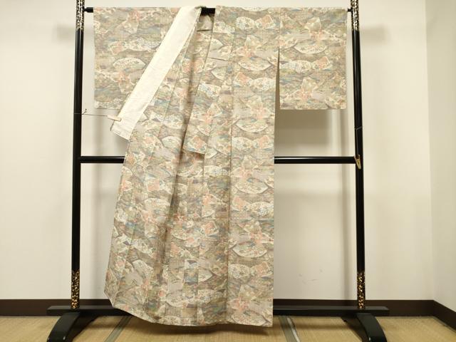 平和屋着物▽小千谷紬 単衣 地紙草花文 正絹 逸品 CAAT0777dy