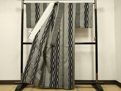 平和屋着物▽上質な紬 単衣 麻の葉間道 正絹 逸品 未使用 CAAT0779dy