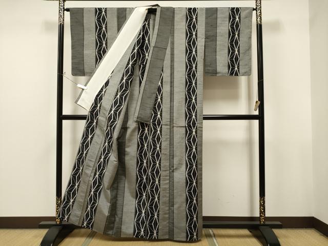 平和屋着物▽上質な紬 単衣 麻の葉間道 正絹 逸品 未使用 CAAT0779dy