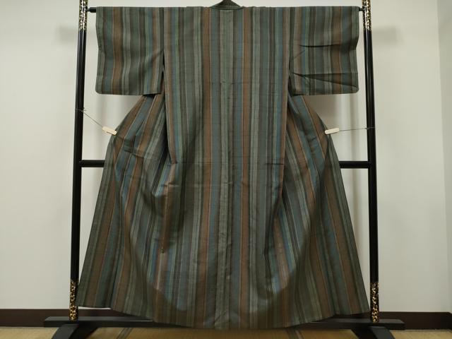 平和屋着物▽上質な紬 単衣 縞 正絹 逸品 CAAT0786dy