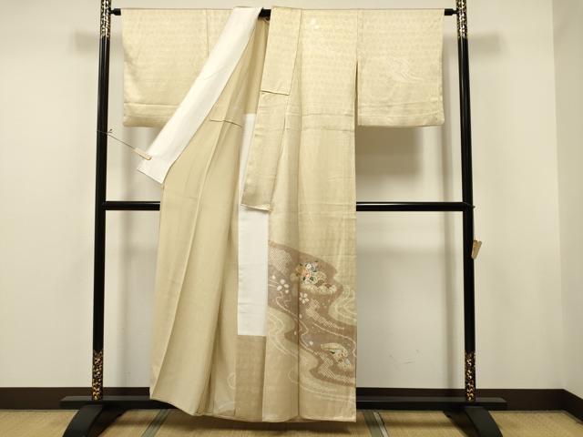 平和屋着物▽訪問着　単衣　絞り　刺繍　流水草花文　金銀彩　正絹　逸品　CAAT0793dy