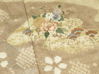 平和屋着物▽訪問着　単衣　絞り　刺繍　流水草花文　金銀彩　正絹　逸品　CAAT0793dy