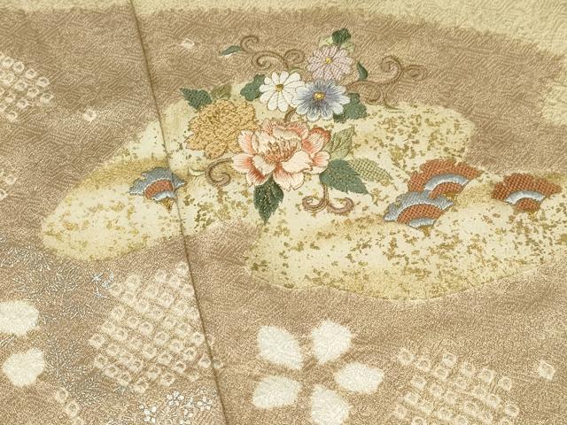 平和屋着物▽訪問着　単衣　絞り　刺繍　流水草花文　金銀彩　正絹　逸品　CAAT0793dy