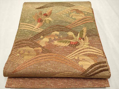 平和屋着物●ひなや工房 くむ・あむ・おる 伊豆蔵明彦 太鼓柄袋帯 総刺繍 流水飛鳥文 金糸 正絹 逸品 CAAT0858hy