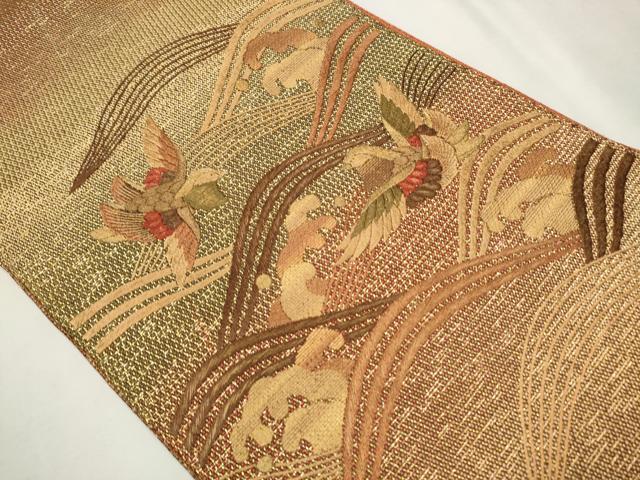 平和屋着物●ひなや工房 くむ・あむ・おる 伊豆蔵明彦 太鼓柄袋帯 総刺繍 流水飛鳥文 金糸 正絹 逸品 CAAT0858hy