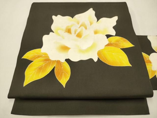 平和屋着物●塩瀬 九寸名古屋帯 椿 黒地 正絹 逸品 CAAT0902hy