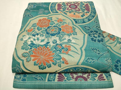 平和屋着物●アンティーク　大正ロマン　九寸名古屋帯　唐織　絵皿花文　正絹　逸品　CAAT0916hy